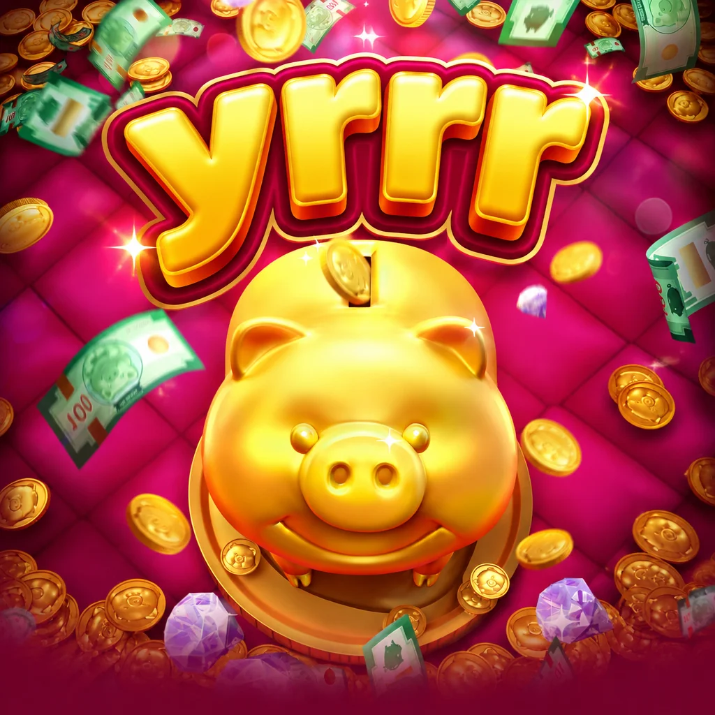 yrrr Lucky Piggy menampilkan celengan babi emas di antara koin dan uang kertas berterbangan
